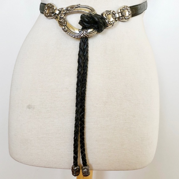 Black Belt Accessories - Black Leather Belt engraved Silver Buckle & charms
